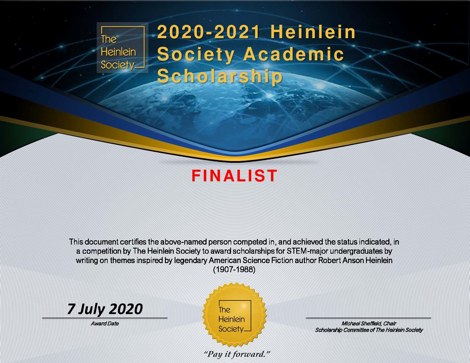 Heinlein Society Scholarships Certificate